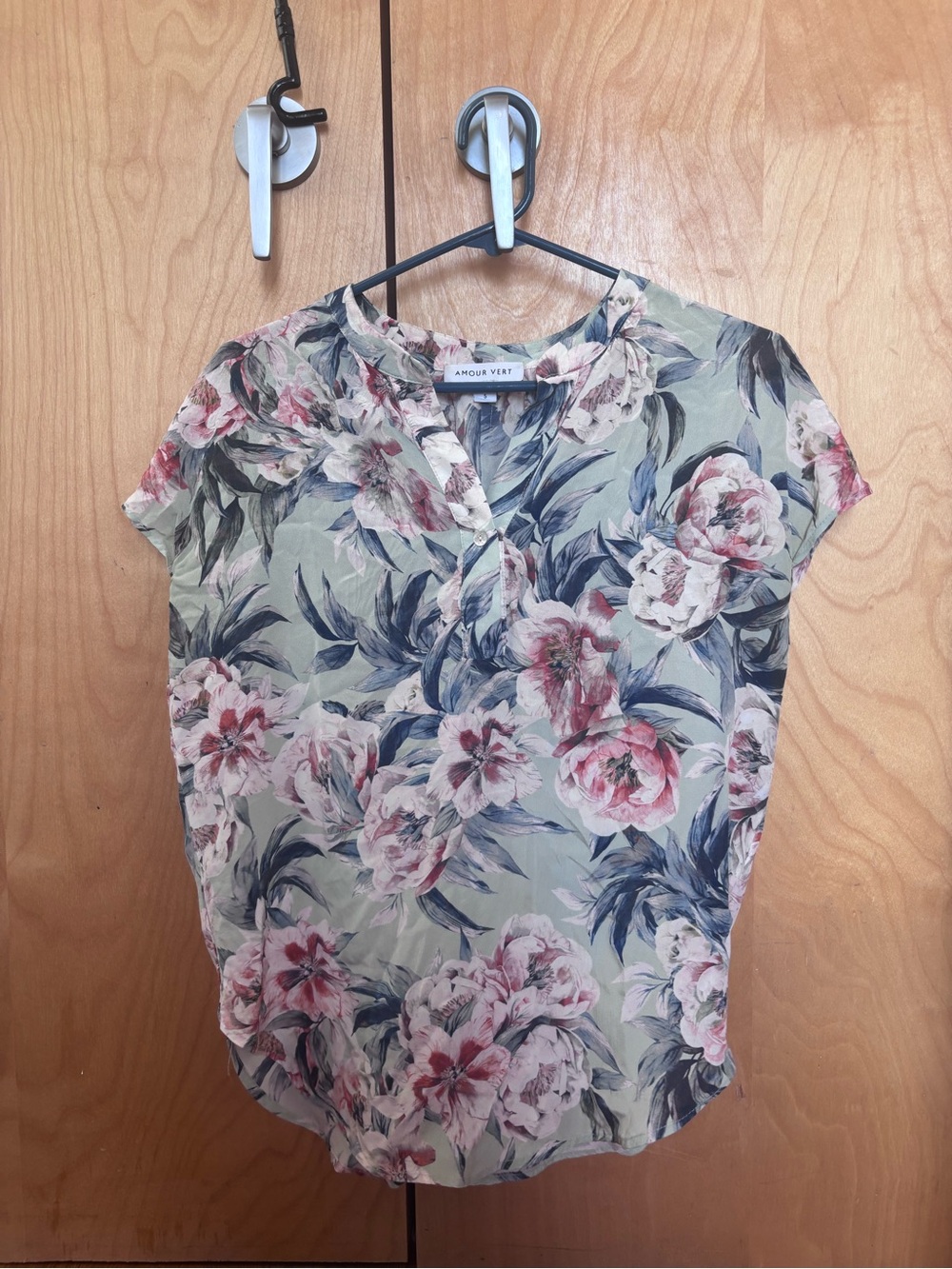 Amour Vert Sage Green Floral Cap-Sleeve Blouse with Pink Blooms